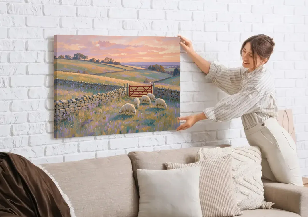 English Countryside Wall Art of a Red Field Gate canvas wall art being hung on a white brick wall above a sofa