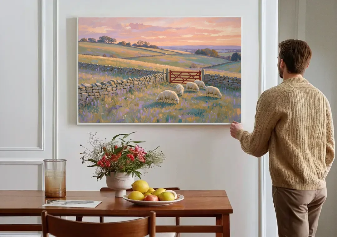 English Countryside Wall Art of a Red Field Gate canvas wall art above a dining table