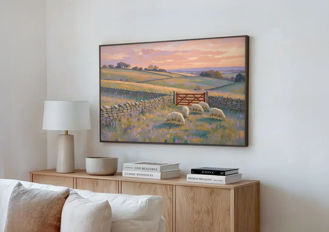 English Countryside Wall Art of a Red Field Gate canvas wall art above a wooden sideboard next to a sofa
