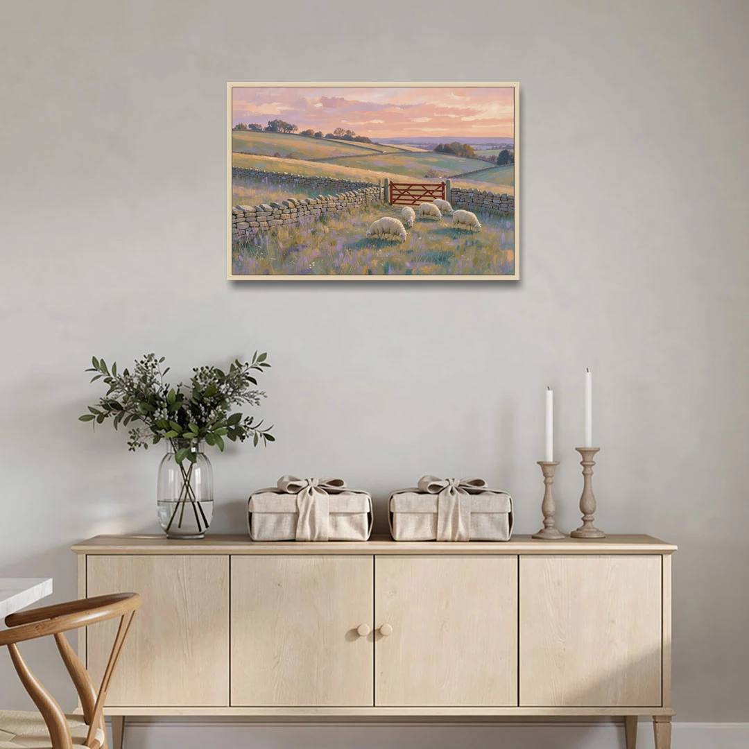 English Countryside Wall Art of a Red Field Gate - Oak Framed Canvas Wall Art - Coffee Table - 36x24