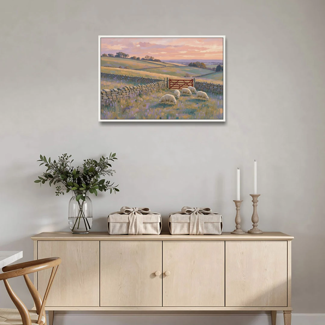 English Countryside Wall Art of a Red Field Gate - White Framed Canvas Wall Art - Coffee Table - 36x24