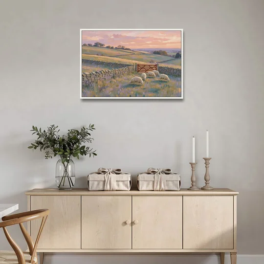 English Countryside Wall Art of a Red Field Gate - White Framed Canvas Wall Art - Coffee Table - 36x24