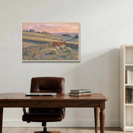 English Countryside Wall Art of a Red Field Gate - Oak Framed Canvas Wall Art - Office - 36x24