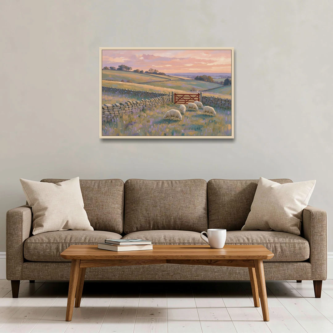 English Countryside Wall Art of a Red Field Gate - Oak Framed Canvas Wall Art - Sofa - 36x24