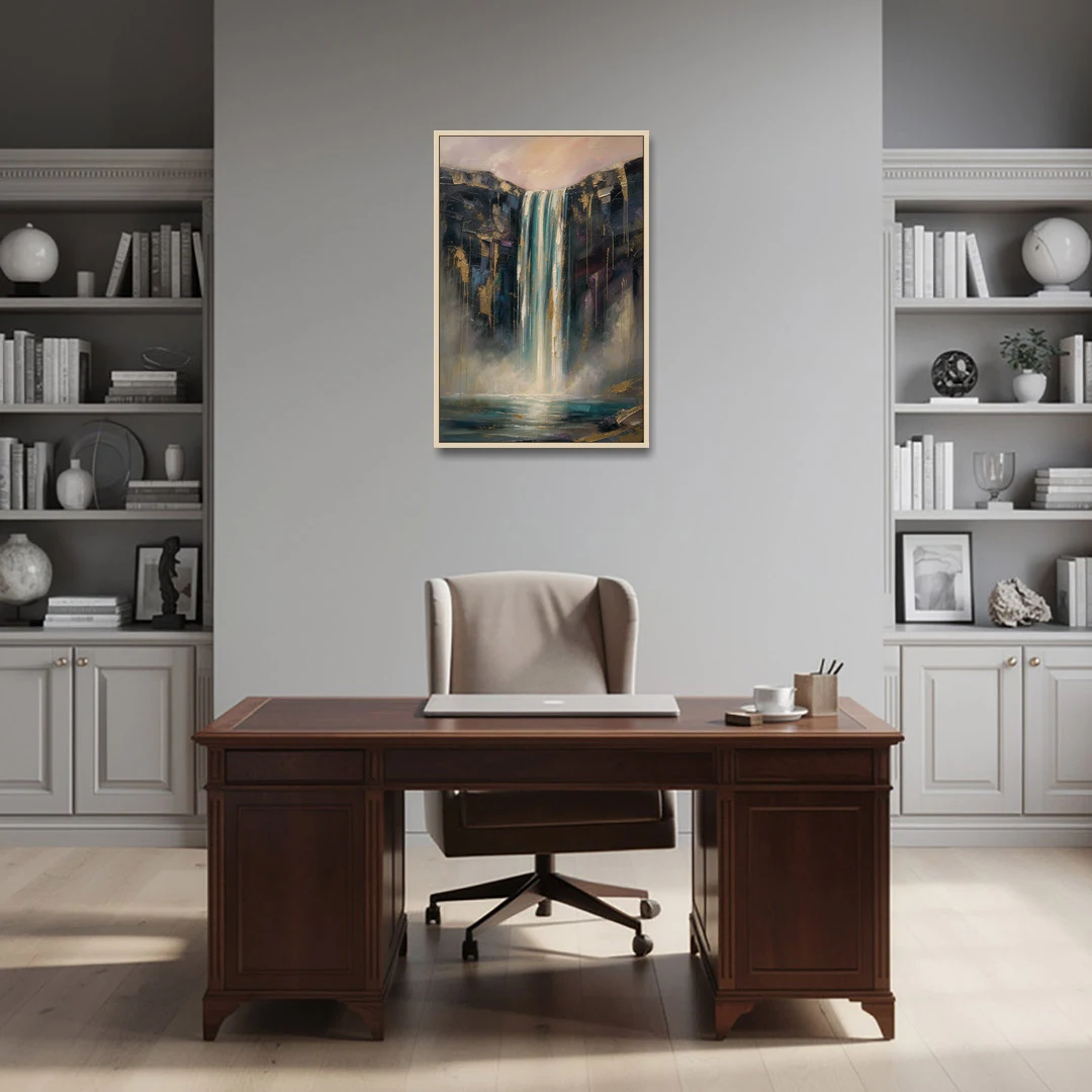 Entryway Wall Art with a Teal Waterfall - Oak Framed Canvas Wall Art - Office - 24x36