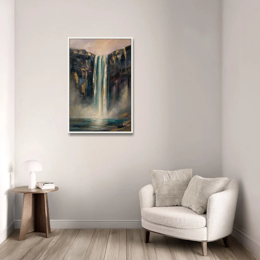 Entryway Wall Art with a Teal Waterfall - White Framed Canvas Wall Art - Sofa - 24x36