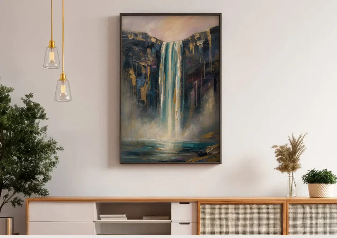 Entryway Wall Art with a Teal Waterfall canvas wall art above a wooden sideboard under pendant lights