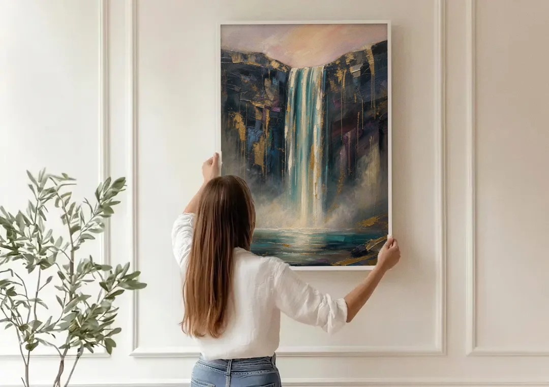 Entryway Wall Art with a Teal Waterfall canvas wall art being hung on a paneled wall