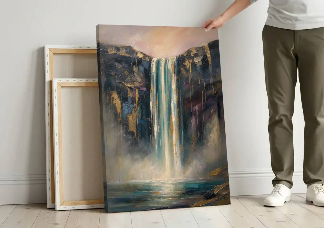 Entryway Wall Art with a Teal Waterfall canvas wall art leaning against a wall next to blank canvases