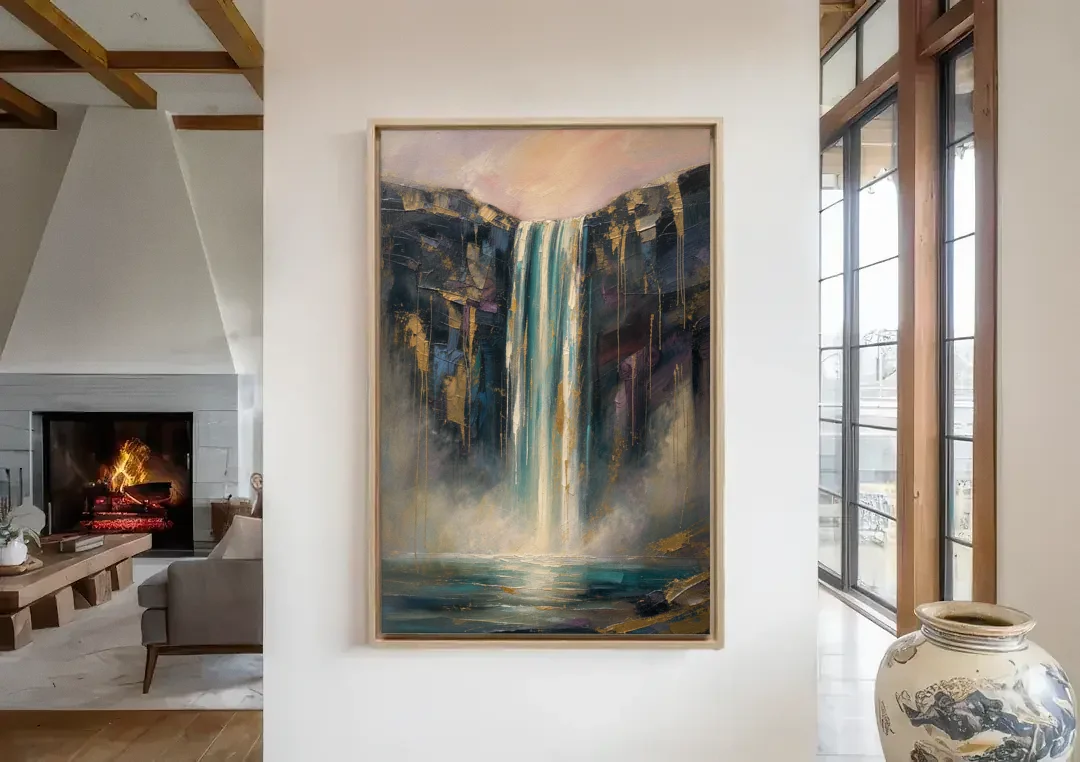Entryway Wall Art with a Teal Waterfall canvas wall art in a living room with a fireplace