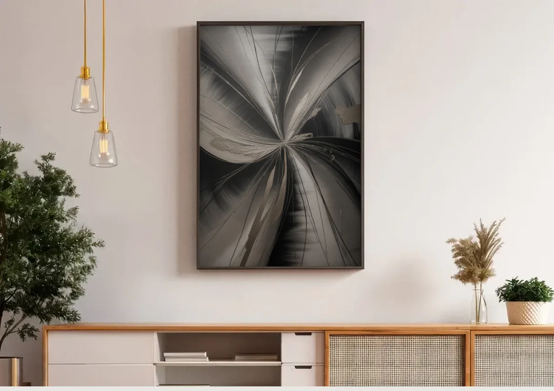 Entwined Elegance Black and Grey Abstract canvas wall art above a wooden sideboard under pendant lights