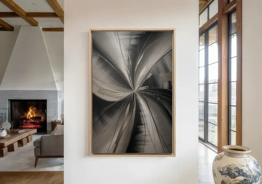 Entwined Elegance Black and Grey Abstract canvas wall art in a living room with a fireplace