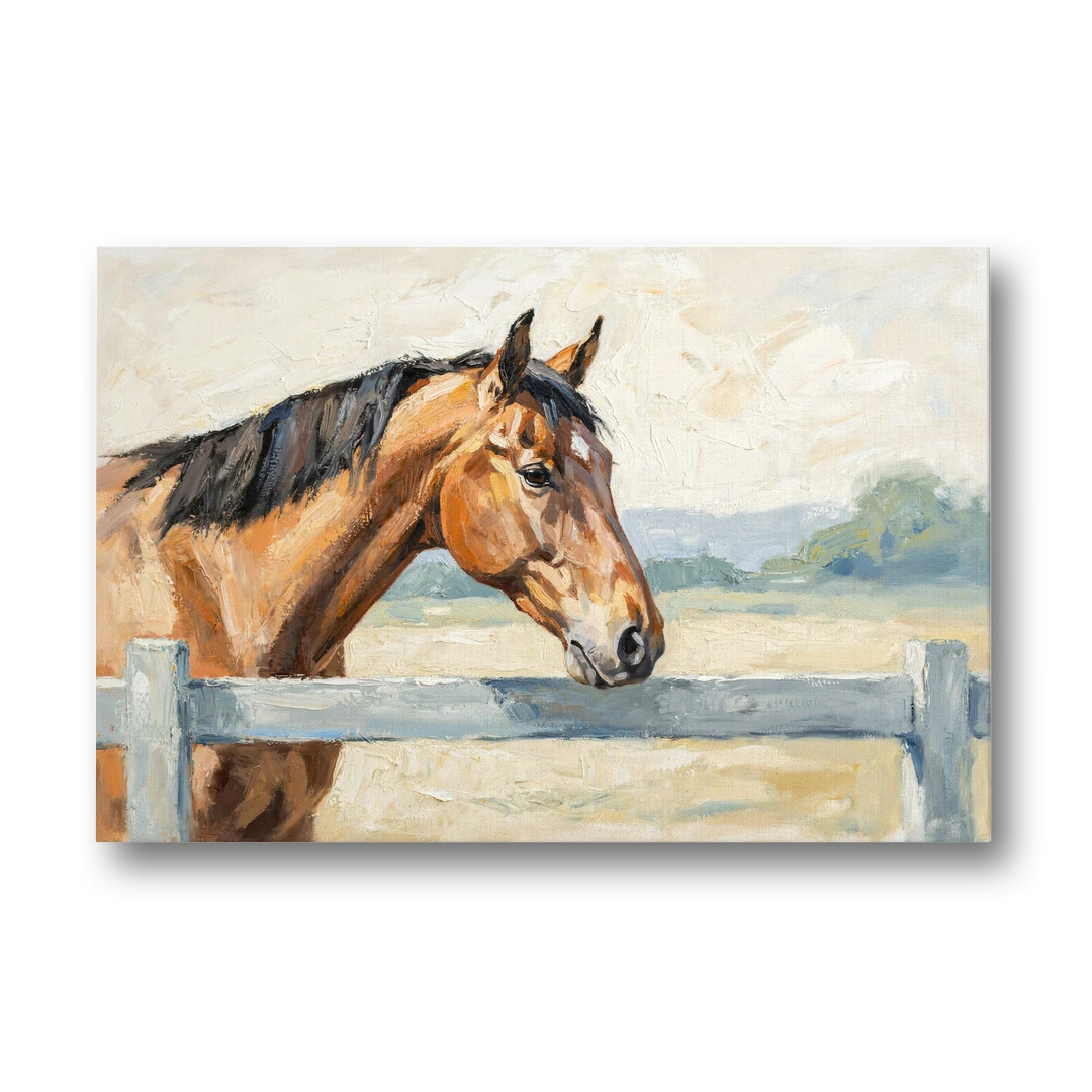 Equestrian Decor Bay Horse at the Morning Fence - Canvas Wall Art - Front