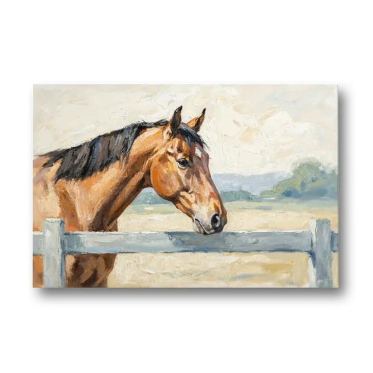 Equestrian Decor Bay Horse at the Morning Fence - Canvas Wall Art - Front