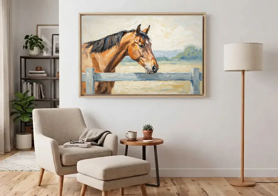 Equestrian Decor Bay Horse at the Morning Fence canvas wall art above an armchair in a bright living room