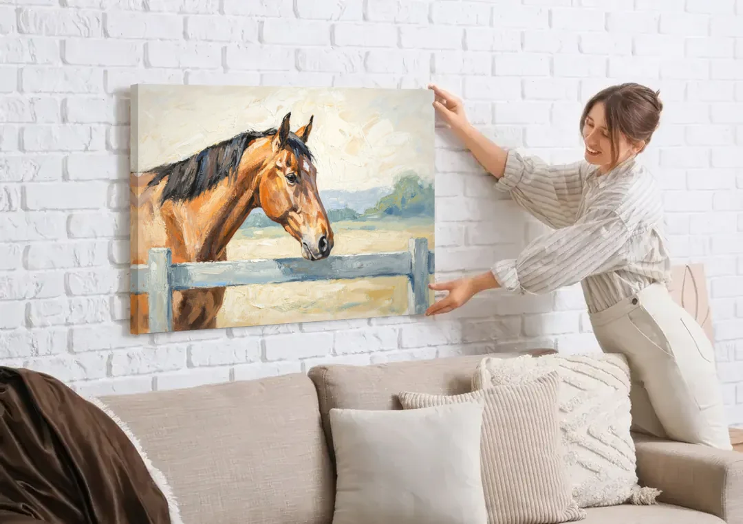 Equestrian Decor Bay Horse at the Morning Fence canvas wall art being hung on a white brick wall above a sofa