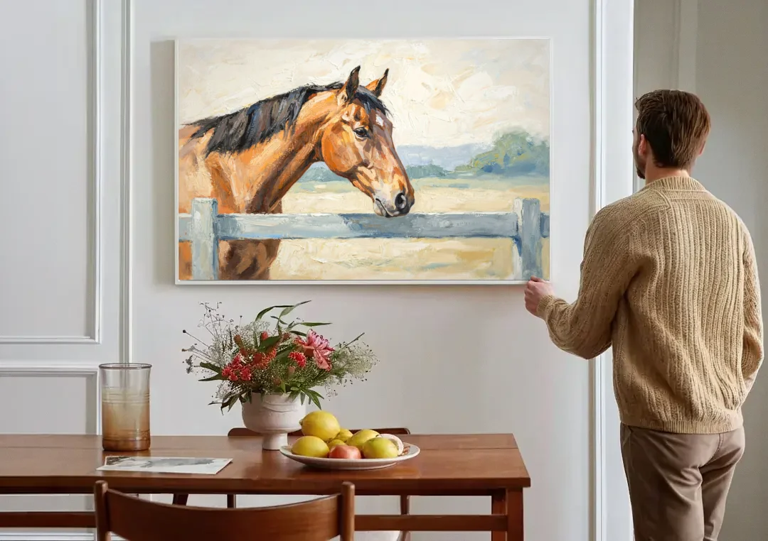 Equestrian Decor Bay Horse at the Morning Fence canvas wall art above a dining table