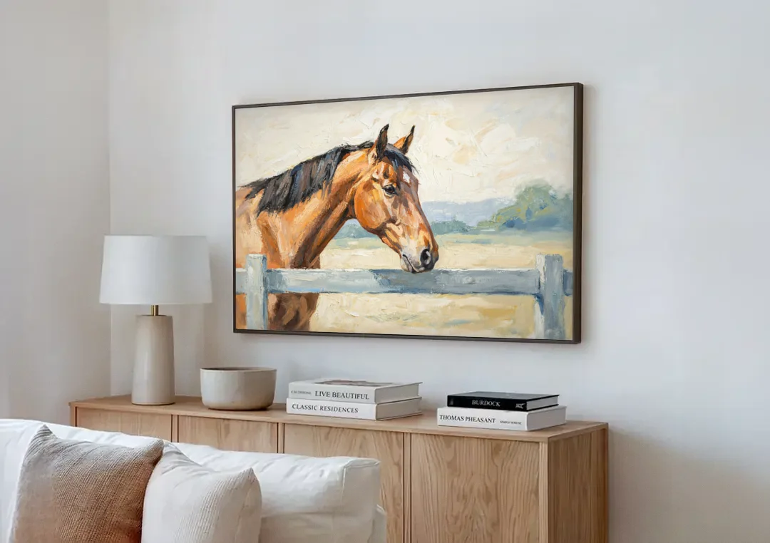 Equestrian Decor Bay Horse at the Morning Fence canvas wall art above a wooden sideboard next to a sofa