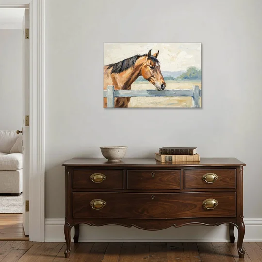 Equestrian Decor Bay Horse at the Morning Fence - Canvas Wall Art - Coffee Table - 36x24