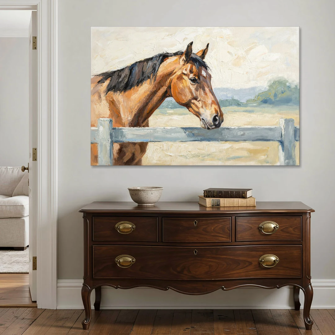 Equestrian Decor Bay Horse at the Morning Fence - Canvas Wall Art - Coffee Table - 60x40