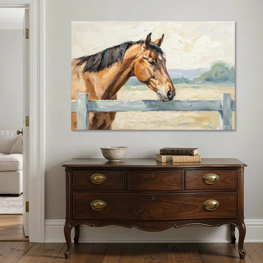 Equestrian Decor Bay Horse at the Morning Fence - Canvas Wall Art - Coffee Table - 60x40