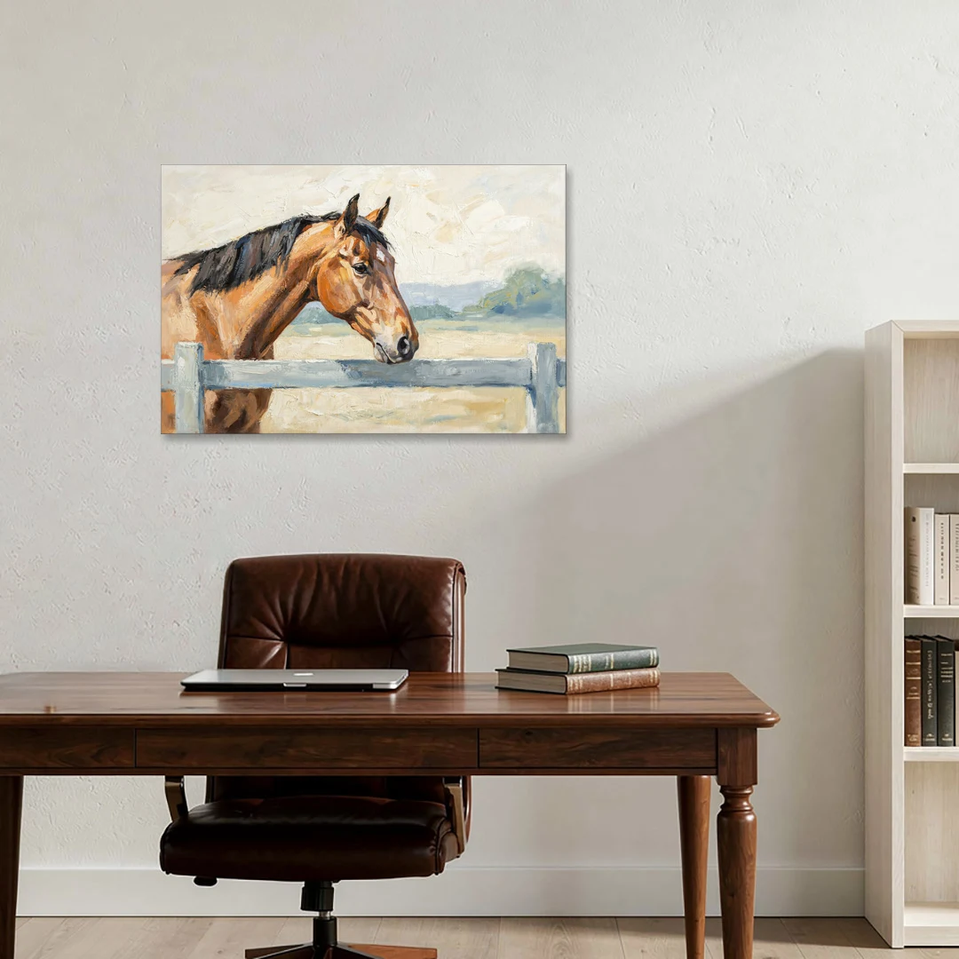 Equestrian Decor Bay Horse at the Morning Fence - Canvas Wall Art - Office - 36x24