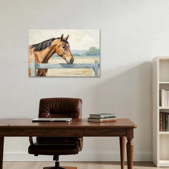 Equestrian Decor Bay Horse at the Morning Fence - Canvas Wall Art - Office - 36x24