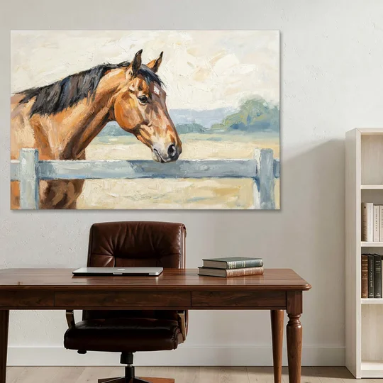 Equestrian Decor Bay Horse at the Morning Fence - Canvas Wall Art - Office - 60x40