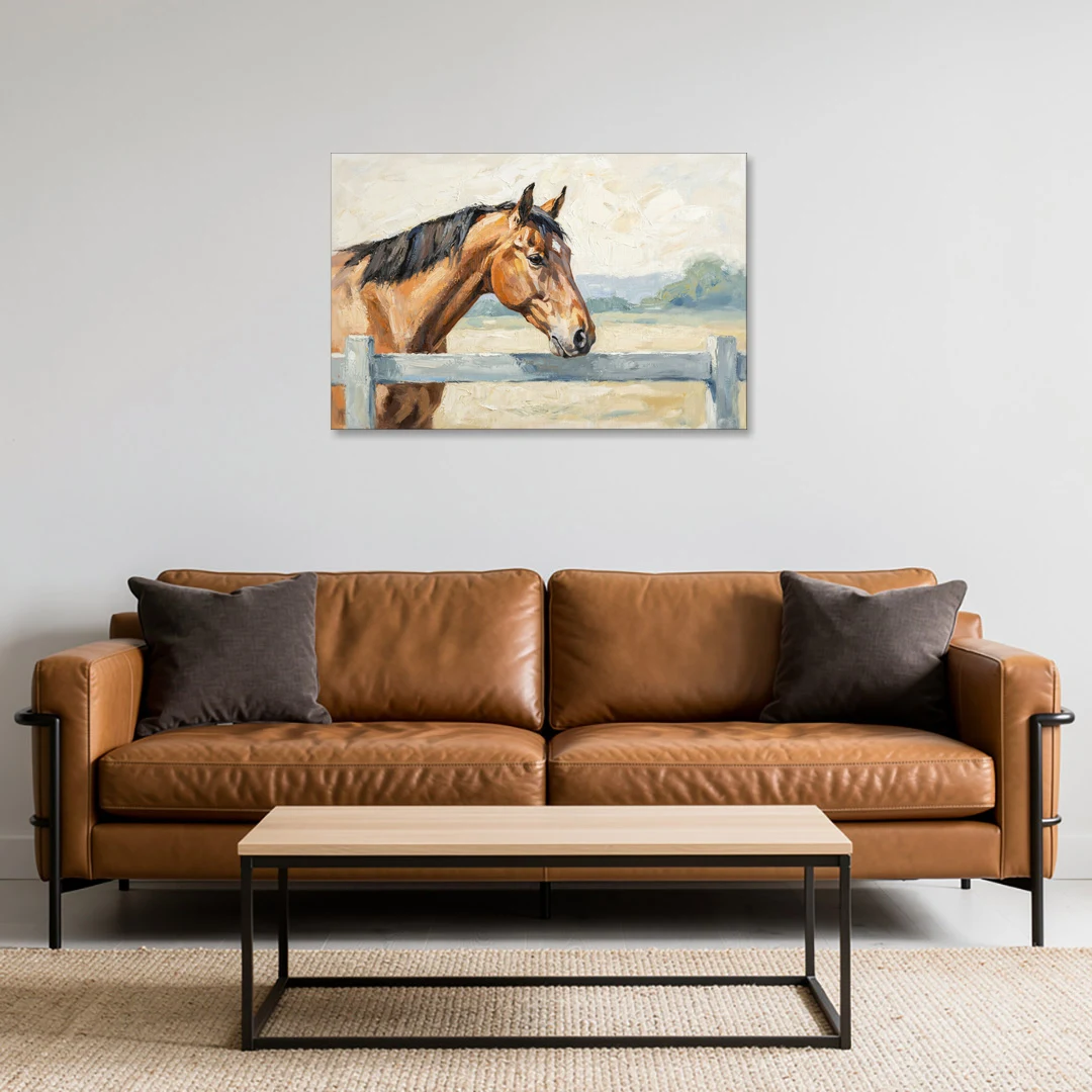 Equestrian Decor Bay Horse at the Morning Fence - Canvas Wall Art - Sofa - 36x24