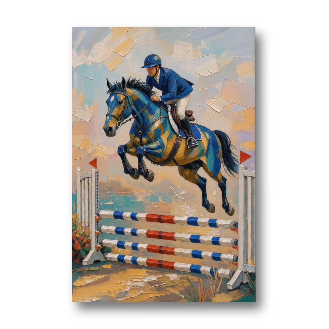 Equestrian Wall Art Show Jumper in Cobalt and Gold - Canvas Wall Art - Front