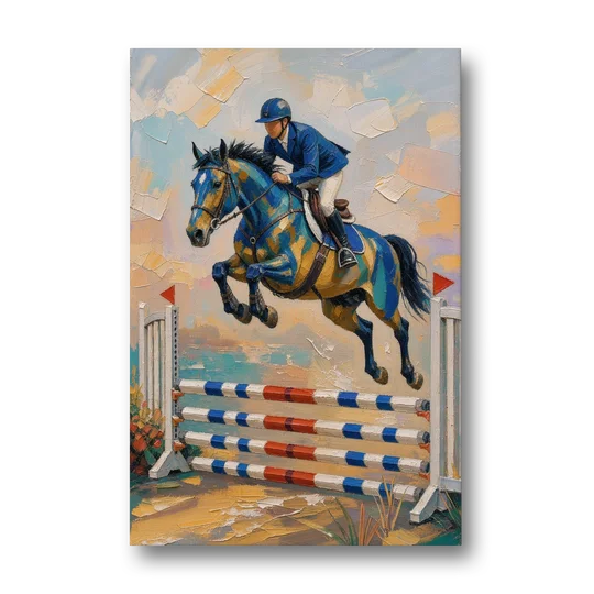 Equestrian Wall Art Show Jumper in Cobalt and Gold - Canvas Wall Art - Front
