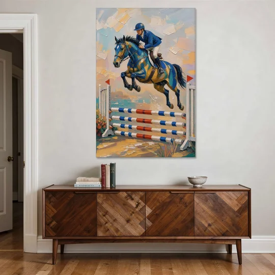 Equestrian Wall Art Show Jumper in Cobalt and Gold - Canvas Wall Art - Coffee Table - 40x60