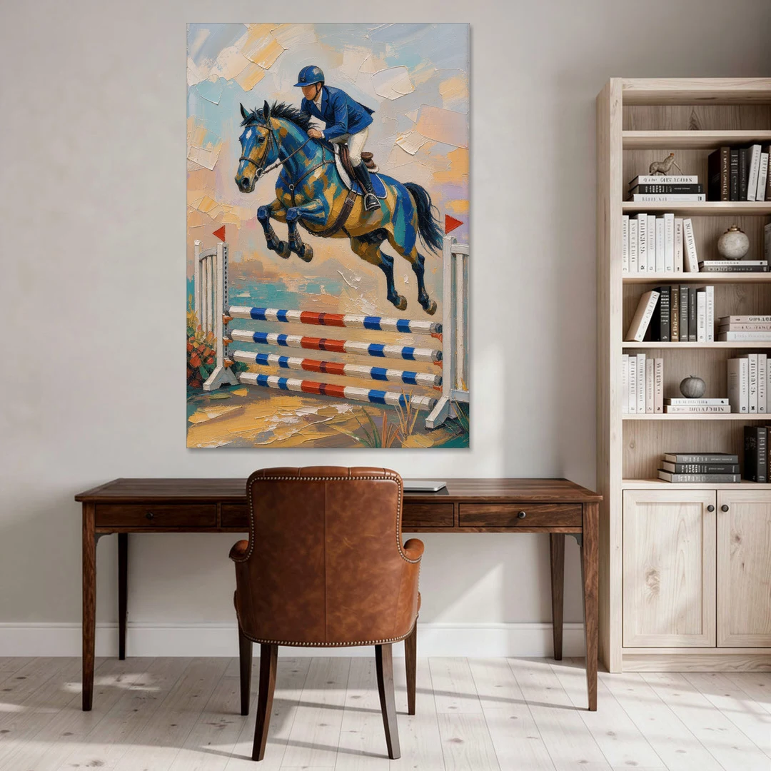 Equestrian Wall Art Show Jumper in Cobalt and Gold - Canvas Wall Art - Office - 40x60