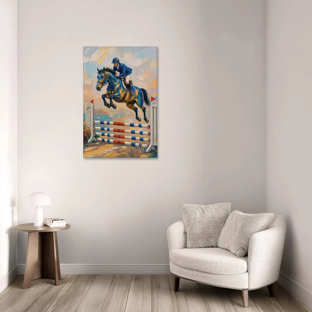 Equestrian Wall Art Show Jumper in Cobalt and Gold - Canvas Wall Art - Sofa - 24x36