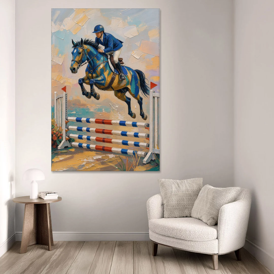 Equestrian Wall Art Show Jumper in Cobalt and Gold - Canvas Wall Art - Sofa - 40x60
