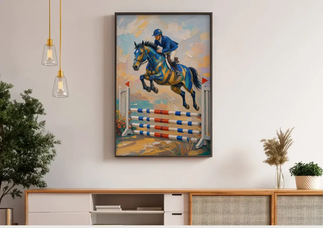 Equestrian Wall Art Show Jumper in Cobalt and Gold canvas wall art above a wooden sideboard under pendant lights