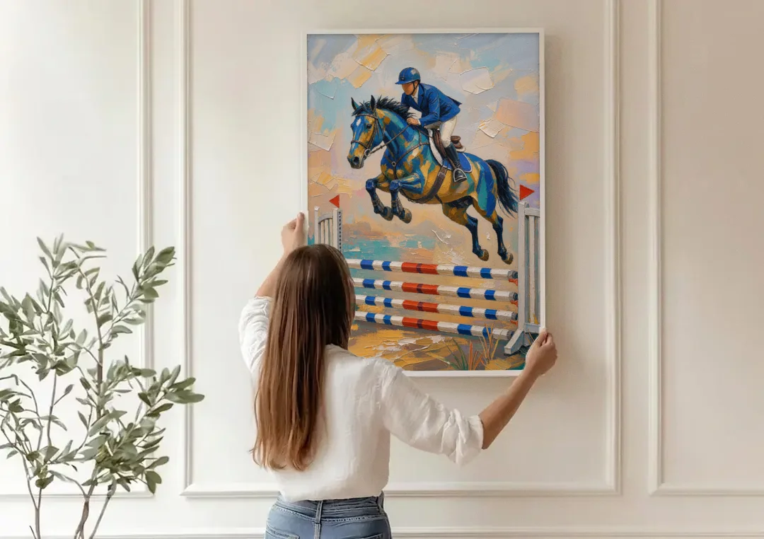 Equestrian Wall Art Show Jumper in Cobalt and Gold canvas wall art being hung on a paneled wall