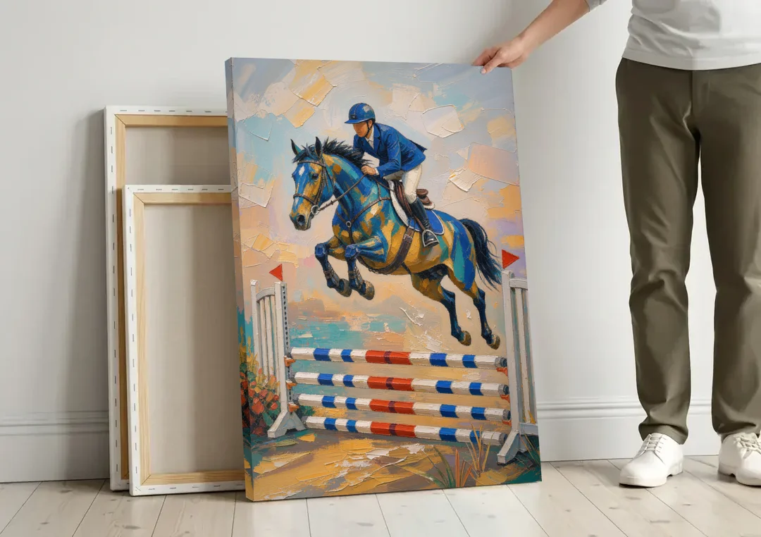 Equestrian Wall Art Show Jumper in Cobalt and Gold canvas wall art leaning against a wall next to blank canvases
