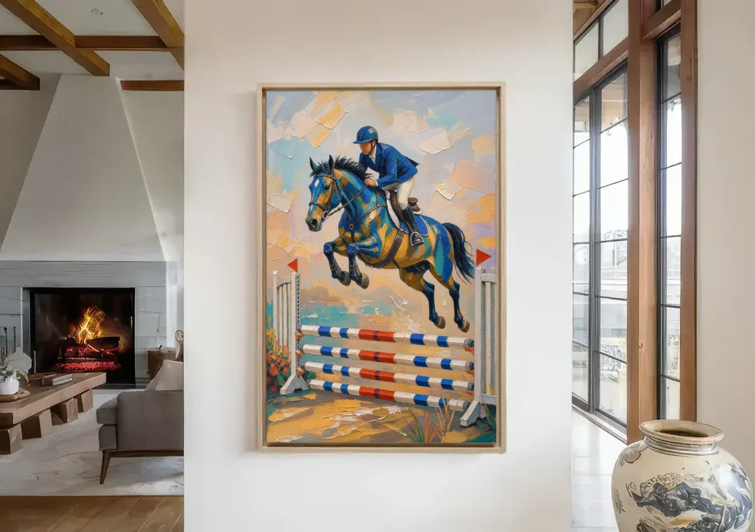 Equestrian Wall Art Show Jumper in Cobalt and Gold canvas wall art in a living room with a fireplace