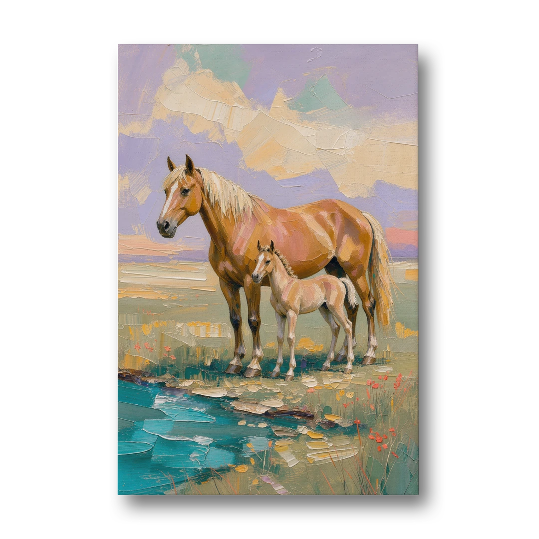 Equine Art Mare and Foal by the Teal Stream - Canvas Wall Art - Front