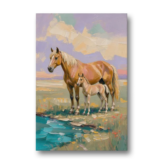 Equine Art Mare and Foal by the Teal Stream - Canvas Wall Art - Front