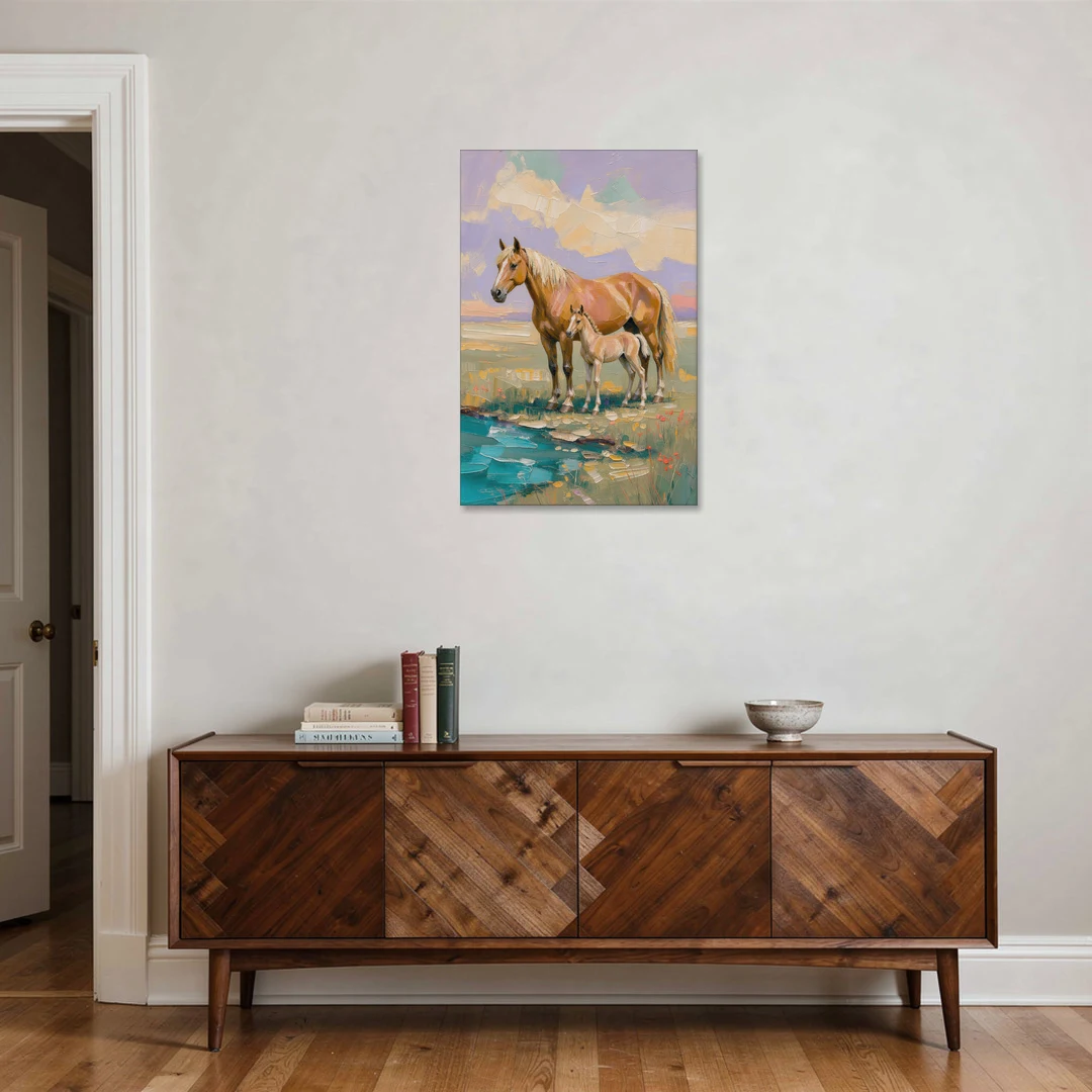 Equine Art Mare and Foal by the Teal Stream - Canvas Wall Art - Coffee Table - 24x36