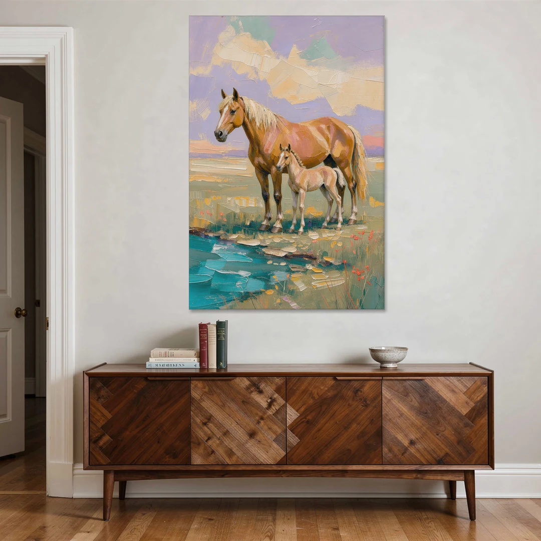 Equine Art Mare and Foal by the Teal Stream - Canvas Wall Art - Coffee Table - 40x60