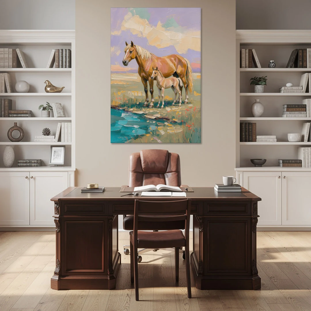 Equine Art Mare and Foal by the Teal Stream - Canvas Wall Art - Office - 40x60