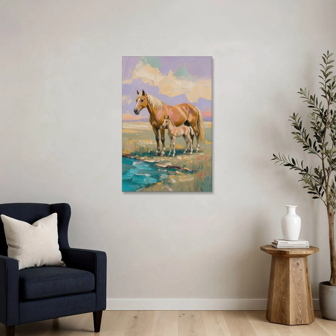 Equine Art Mare and Foal by the Teal Stream - Canvas Wall Art - Sofa - 24x36