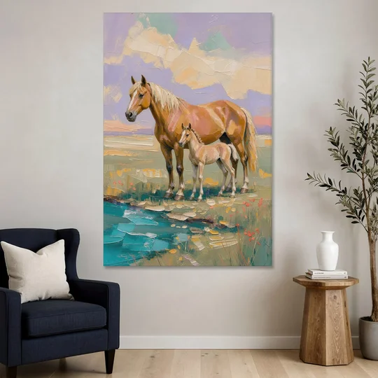 Equine Art Mare and Foal by the Teal Stream - Canvas Wall Art - Sofa - 40x60