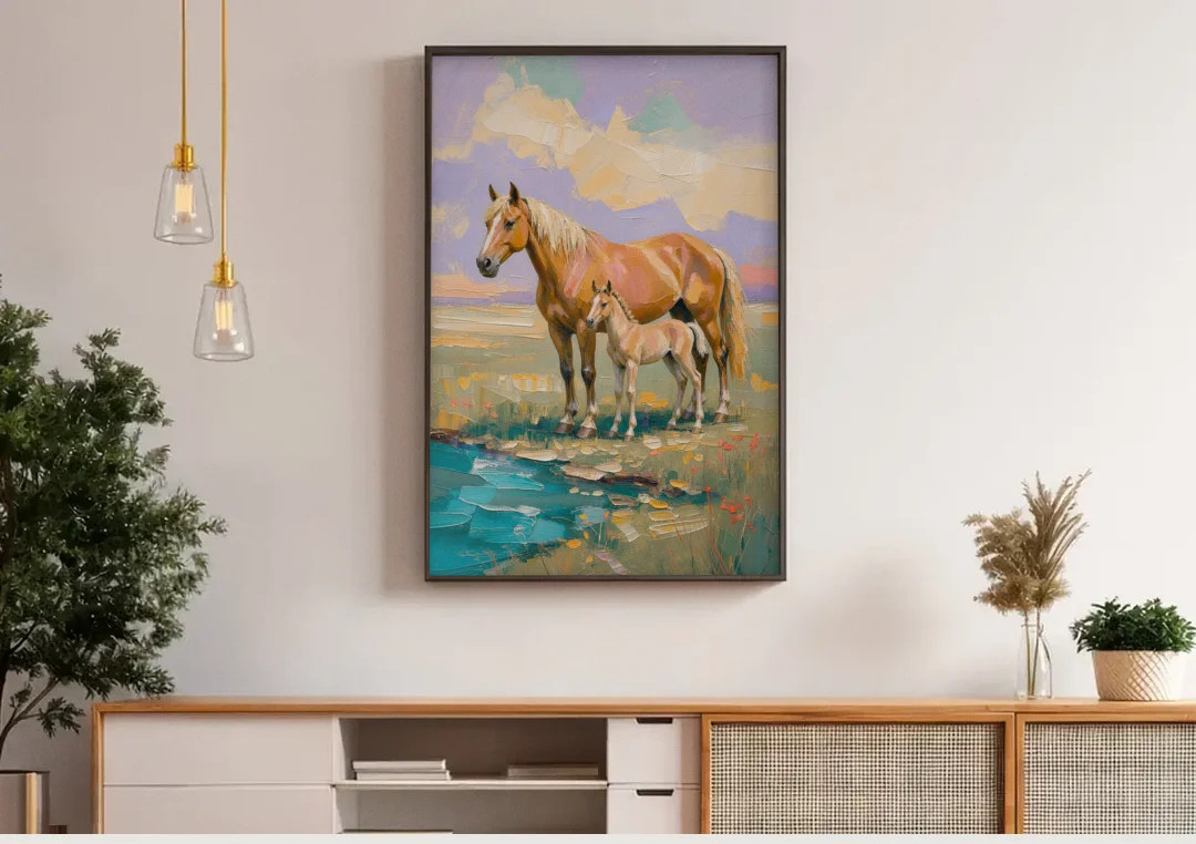 Equine Art Mare and Foal by the Teal Stream canvas wall art above a wooden sideboard under pendant lights