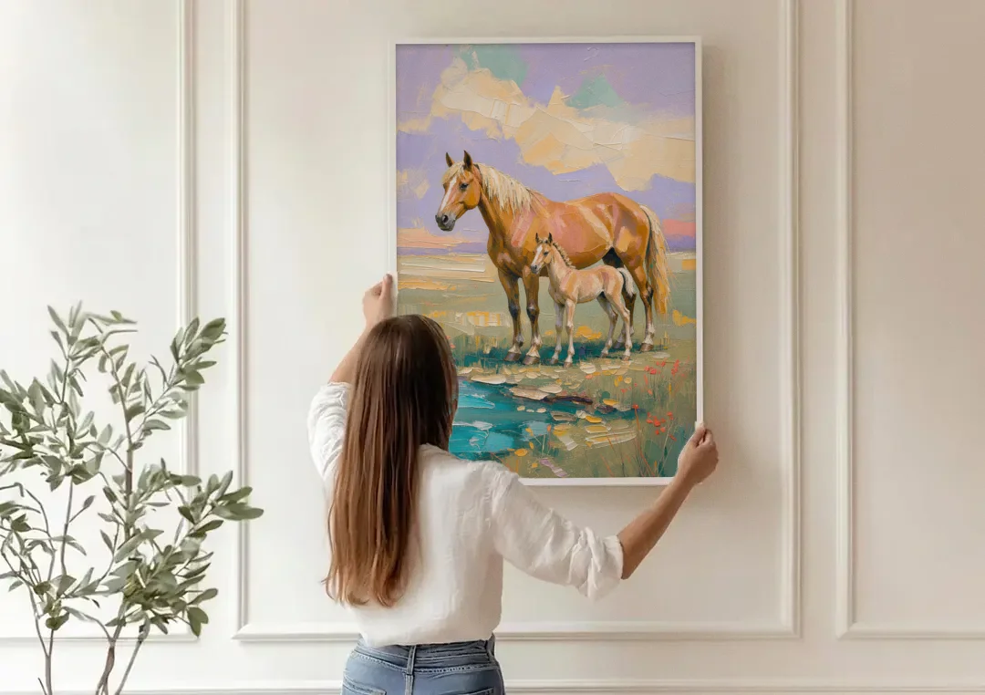 Equine Art Mare and Foal by the Teal Stream canvas wall art being hung on a paneled wall