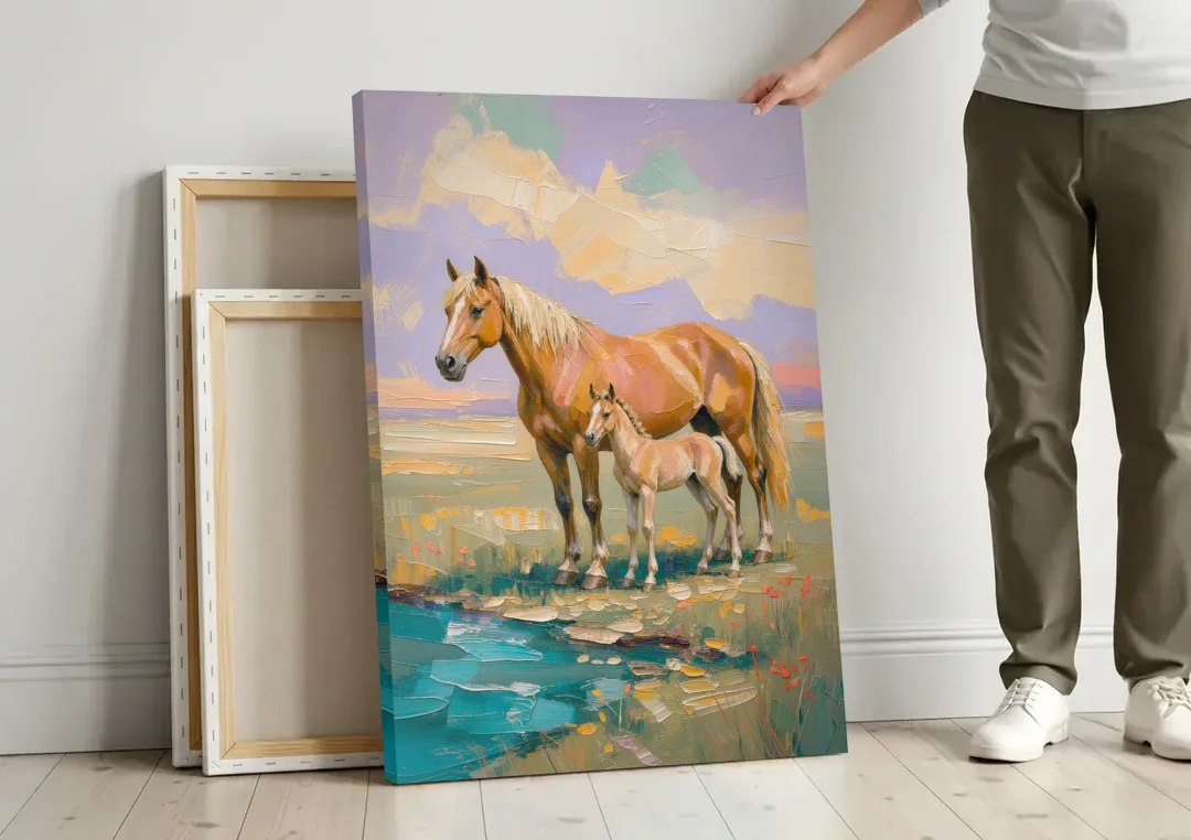 Equine Art Mare and Foal by the Teal Stream canvas wall art leaning against a wall next to blank canvases