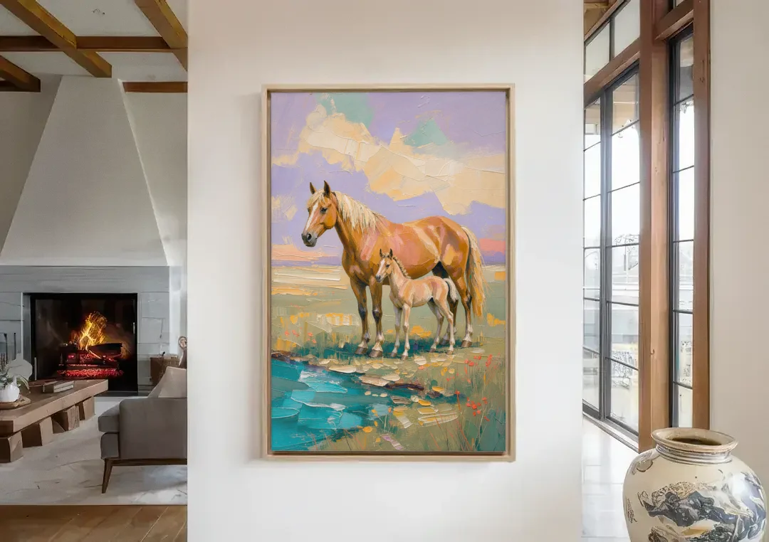Equine Art Mare and Foal by the Teal Stream canvas wall art in a living room with a fireplace